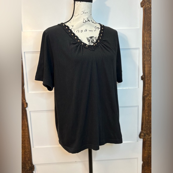 White Stag Tops - White Stag Black Short Sleeve Top Size 16W Lace Trim & Bead Detail Blouse